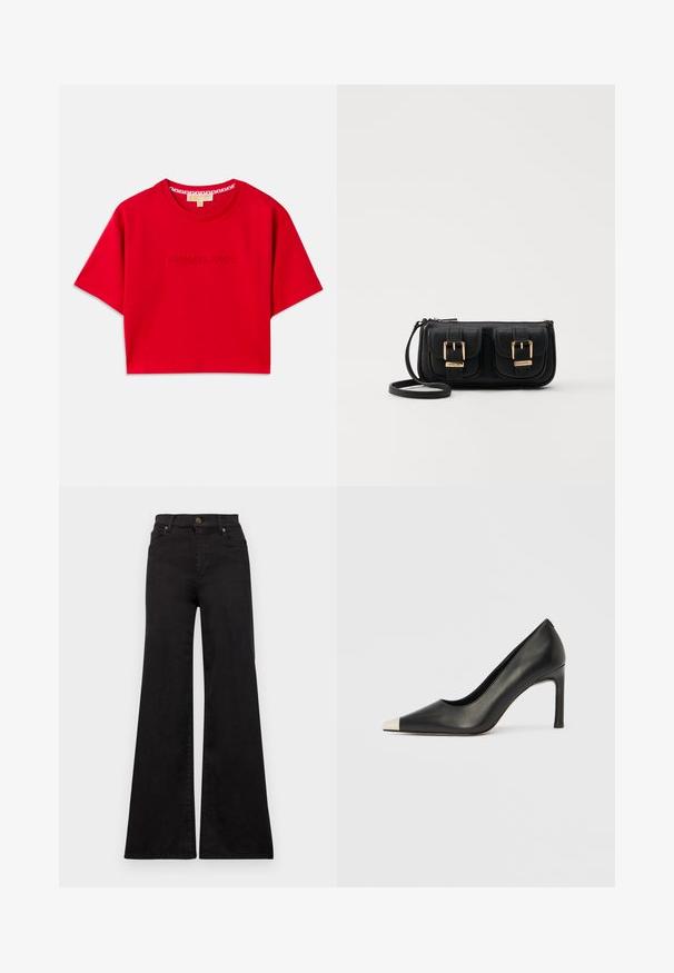 T-shirt rouge court en coton, avec un col rond côtelé et le logo "MICHAEL KORS" en relief sur le devant. Manches courtes.; Jean flare noir en denim avec taille haute, présentant des poches avant et des garnitures métalliques sur le bouton et les rivets.; Chaussure à talon haut en cuir noir avec bout pointu et capuchon argenté métallique. Présente une finition lisse et un talon fin de 10 cm.; Sac en cuir noir porté en travers avec deux poches avant, boucles dorées, fermeture zippée et une sangle fine. Surface texturée et forme rectangulaire compacte.