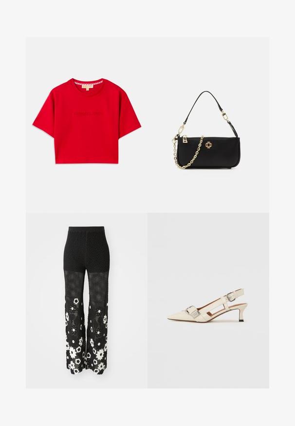 Red cropped t-shirt made of cotton, featuring a ribbed crew neckline and embossed "MICHAEL KORS" logo across the front. Short sleeves.; Maje POCHETTY - Trousers - noir/blanc; White leather slingback shoe with a pointed toe, small heel, and adjustable strap featuring a prominent silver buckle detail.; Black handbag with a smooth texture, featuring a gold chain strap, zip closure, and a decorative gold emblem on the front.