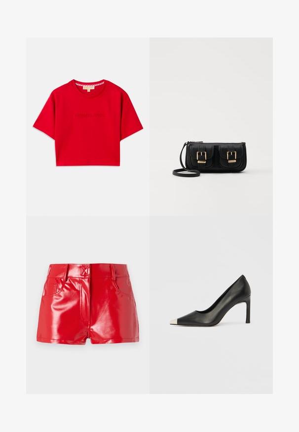 Sarkana īsā T-krekls, izgatavots no kokvilnas, ar ribotiem apaļiem izgriezumiem un izspiestu "MICHAEL KORS" logotipu priekšpusē. Īsas piedurknes.; Sarkani mākslīgās ādas šorti ar spīguļošu apdari, ar augstu jostasvietu, priekšējām kabatām un šuvju detaļām. Strukturēts, pieguļošs dizains.; Melns ādas augstpapēžu kurpes ar smailu purngalu un metāliski sudraba uzgali. Ir gluda apdare un slaids 10 cm augsts papēdis.; Melnas ādas crossbody soma ar divām priekšējām kabatām, zelta sprādzēm, ar rāvējslēdzēju aizdari un šauru siksnu. Strukturēta virsma un kompakta taisnstūra forma.