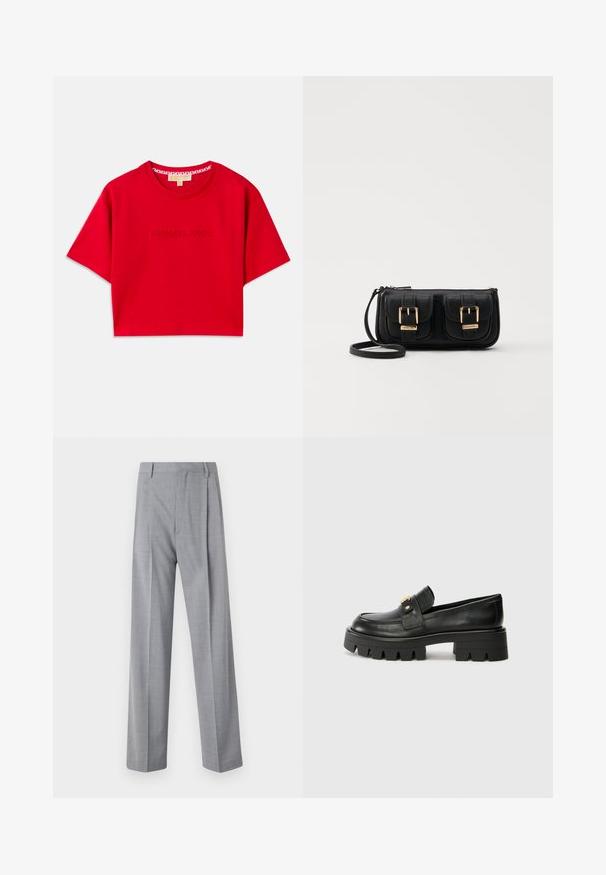 Punane lühikeste varrukatega lühike t-särk, mis on valmistatud puuvillast, esitades ribakujulise ümmarguse kaeluse ja embleemiga "MICHAEL KORS" logo ees. Lühikesed varrukad.; Hallid, kerged püksid, millel on kohandatud lõige, sujuv tekstuur, peene muster ja kaks esist mahasurutud voldikest, et lisada detaili.; Mustast nahkfrontaalid, millel on paks tald, esiosas kullatooni aksent ja sile viimistlus. Talse paksu mustriga disain.; Must küllastamata nahast õlakott, millel on kaks esist nähtavat taskut, kuldsed pandlad, tõmblukuga sulgemine ja peen rihm. Tekstuuriga pind ja kompaktne ristkülikukujuline kuju.