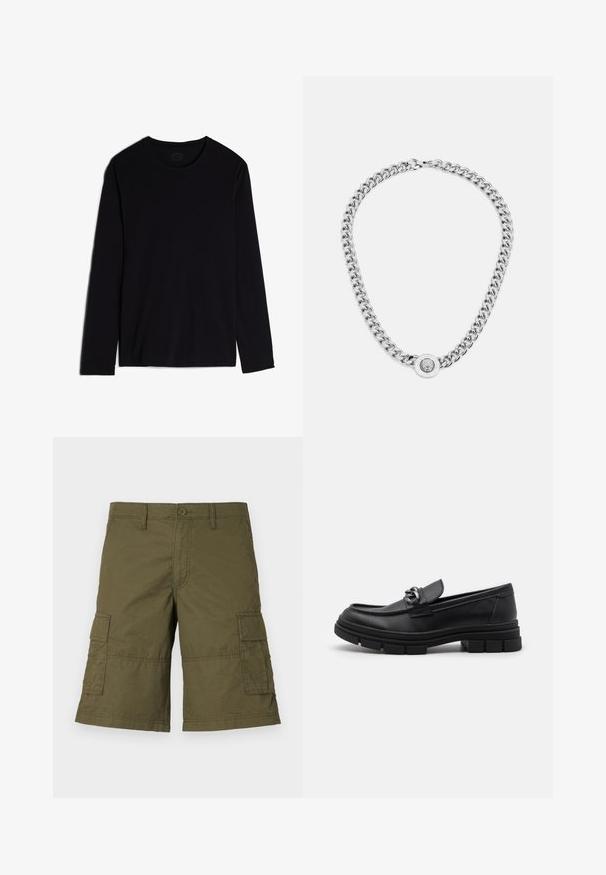 Schwarzes Langarmshirt aus weichem Stoff, mit rundem Ausschnitt und einem schlichten, nahtlosen Design. Keine sichtbaren Muster oder Akzente.; Olivengrüne Cargo-Shorts mit Druckknopfverschluss, mehreren seitlichen Taschen und genähten Details. Hergestellt aus strapazierfähigem Stoff mit lockerer Passform.; Schwarzer Lederloafer mit runder Zehenform, einem dekorativen Riemen und Hardware sowie einer robusten, strukturierten Sohle. Glatte Oberfläche mit dezenten Details.; Silberne Halskette mit dicken Gliedern und einem zentralen runden Anhänger mit filigranen Details. Glatte, reflektierende Metalloberfläche.