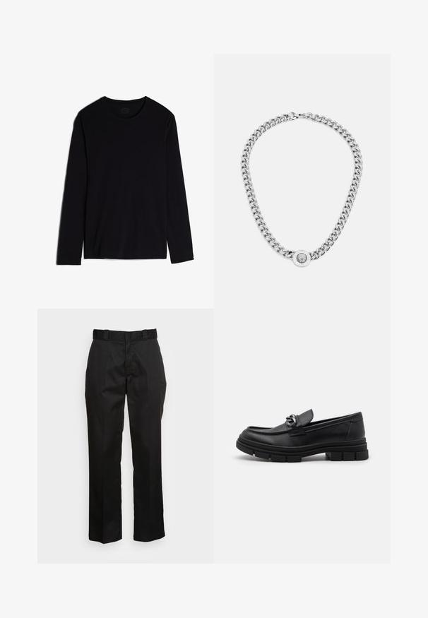 Czarna koszula z długim rękawem, wykonana z miękkiego materiału, z okrągłym dekoltem i prostym, bezszwowym wzorem. Brak widocznych wzorów lub akcentów.; Czarne spodnie wykonane z gładkiego materiału, charakteryzujące się prostym krojem nogawki, pętelkami na pasek oraz dwoma bocznymi kieszeniami. Klasyczny wygląd bez ozdób.; Czarne skórzane półbuty z okrągłym noskiem, dekoracyjnym paskiem i elementami metalowymi oraz grubą, fakturowaną podeszwą. Gładkie wykończenie z subtelnymi detalami.; Srebrny naszyjnik łańcuszkowy z grubymi ogniwami i centralnym okrągłym wisiorkiem z misternym wzorem. Gładka, lustrzana powierzchnia metalu.