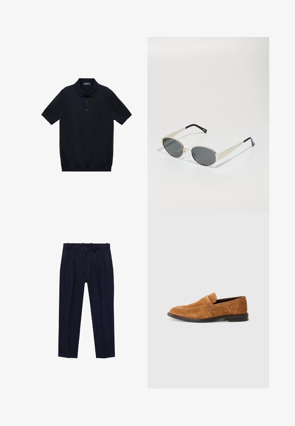 Polo shirt noir à manches courtes fabriqué dans un tissu lisse avec un col classique et une patte de boutonnage à trois boutons ; présente un ourlet droit en bas.; Pantalon marine en tissu lisse, présentant une coupe légèrement ajustée, des plis à l'avant, des passants de ceinture et une fermeture à bouton unique.; Mocassins en daim brun avec un bout rond, ornés de coutures décoratives, d'un bandeau élastique sur le dessus du pied et d'une semelle en caoutchouc plate.; Lunettes de soleil avec des verres ovales gris, monture en métal argenté et accents noirs sur les branches. Présentent un design épuré et un matériel minimal.