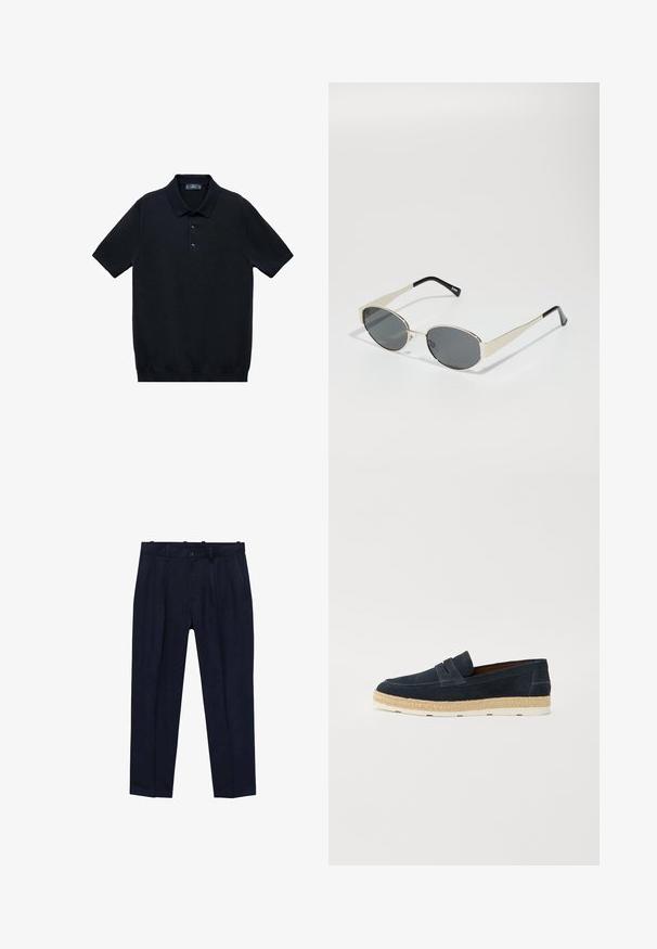 Černé polo tričko s krátkým rukávem vyrobené z hladkého materiálu, s klasickým límečkem a zapínáním na tři knoflíky; má rovný spodní lem.; Námornické kalhoty vyrobené z hladké látky, s mírně přiléhavým střihem, předními záhyby, poutky na opasek a jednobodovým zapínáním.; Navy semišové nazouvací mokasíny s lehkou bílou gumovou podrážkou a tkanou juty podél okraje; hladká textura a jednoduchý design.; Sluneční brýle s oválnými šedými skly, stříbrným kovovým rámem a černými akcenty na spáncích. Vyznačují se elegantním designem a minimálním množstvím upevňovacích prvků.