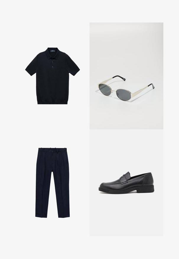 Schwarzes kurzärmliges Polohemd aus glattem Stoff mit einem klassischen Kragen und einer Knopfleiste mit drei Knöpfen; hat einen geraden Saum am unteren Ende.; Marineblaue Hose aus glatt gewebtem Stoff, mit einem leicht taillierten Schnitt, Vorderfalten, Gürtelschlaufen und einem Einzelknopfverschluss.; Schwarze Lederloafer mit runder Zehe und genähten Details. Verfügt über eine flache Sohle und einen leichten Absatz für zusätzlichen Halt.; Sonnenbrille mit ovalen grauen Gläsern, silbernem Metallrahmen und schwarzen Akzenten an den Bügeln. Sie verfügt über ein elegantes Design und minimalen Metallaufwand.