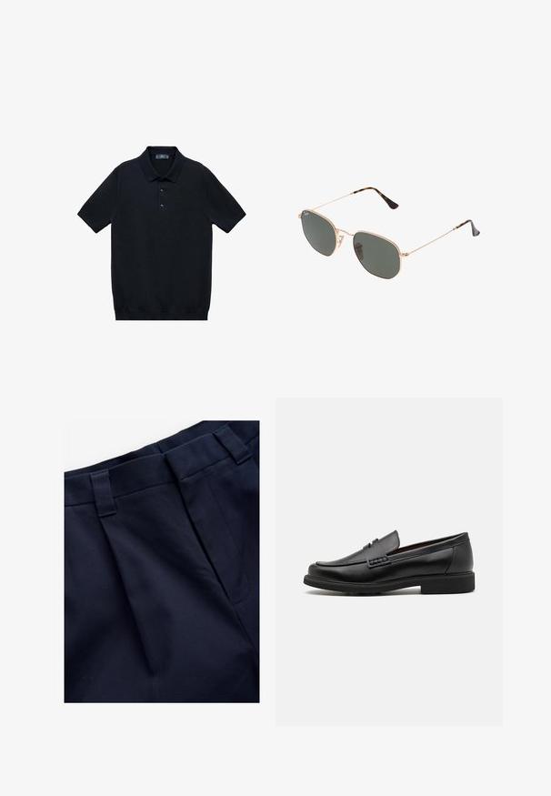 Schwarzes kurzärmliges Polohemd aus glattem Stoff mit einem klassischen Kragen und einer Knopfleiste mit drei Knöpfen; hat einen geraden Saum am unteren Ende.; Marineblaue, gefaltete Hose aus einem glatten, strukturierten Stoff. Verfügt über einen flachen Bund und Gürtelschlaufen, designed für Komfort und Passform.; Schwarze synthetische Slipper mit einer markanten gesteppten Vorderseite, gepolstertem Fußbett und flacher Gummisohle; schlankes Design mit minimaler Detailverarbeitung.; Goldfarbene Metallrahmen-Sonnenbrillen mit dunkelgrünen Gläsern im Pilotenstil, mit schlanken Bügeln und Schildpatt-Akzenten an den Spitzen.