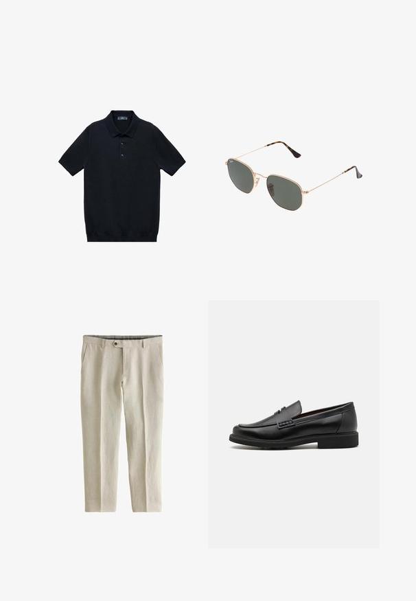 Sort kortærmet polo shirt lavet af glat stof med en klassisk krave og tre-knap lukning; har en lige kant i bunden.; Next SIGNATURE - REGULAR FIT - Bukser - neutral; Sorte syntetiske loafers med en fremtrædende syet front, polstret indersål og flad gummiydersål; slankt design med minimal detaljer.; Guldmetallisk brille med mørkegrønne linser, aviator-stil, med slanke arme og skildpadde-mønstrede detaljer på spidserne.