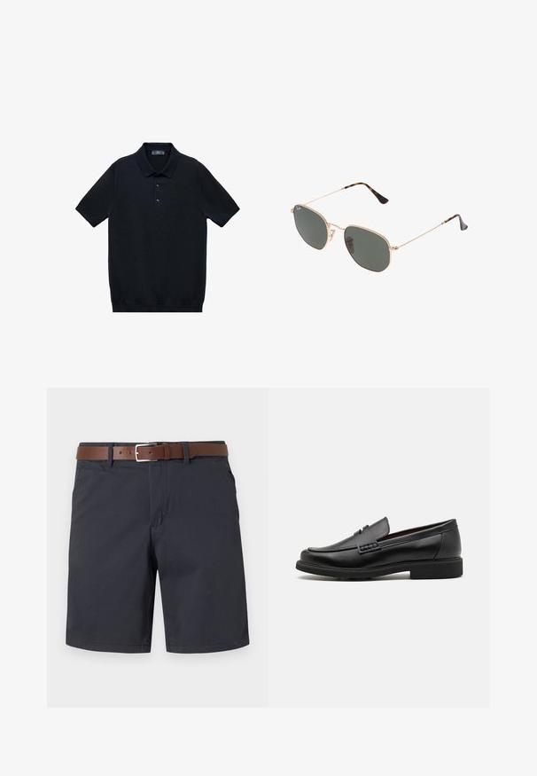 Czarna koszulka polo z krótkim rękawem, wykonana z gładkiego materiału, z klasycznym kołnierzykiem i zapięciem na trzy guziki; posiada prosty dół.; Ciemnoniebieskie szorty wykonane z fakturowanej tkaniny, z brązowym skórzanym paskiem. Klasyczny krój z dwoma bocznymi kieszeniami i gładkim dołem.; Czarne syntetyczne mokasyny z wyraźnym przeszyciem z przodu, wyściełaną wkładką i płaską gumową podeszwą; smukły design z minimalnymi detalami.; Złote okulary przeciwsłoneczne w stylu aviatora z ciemnozielonymi soczewkami, z wąskimi ramionami i akcentami w panterkę na końcach.