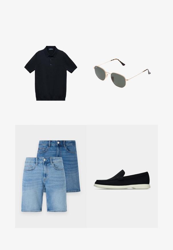 Mustapaitainen lyhythihainen polo-paita, joka on valmistettu sileästä kankaasta, siinä on klassinen kaulus ja kolme napinläpeä; paidassa on suora helma alhaalla.; Setti farkkushortsit ja hame, joissa on vaaleat ja keskisiniset pesut, klassinen viiden taskun muotoilu ja metallinappikoristeet.; Musta liukusukeltava kenkä, jossa on pyöristetty kärki, teksturoitu päällinen, sileä valkoinen pohja ja huomaamaton brändäysdetaili sivussa.; Kultaa metallikehyksiset aurinkolasit tummanvihreillä linsseillä, pilottilaatuinen tyyli, jossa on kapeat varret ja kilpikonnakuosiset korostukset päissä.