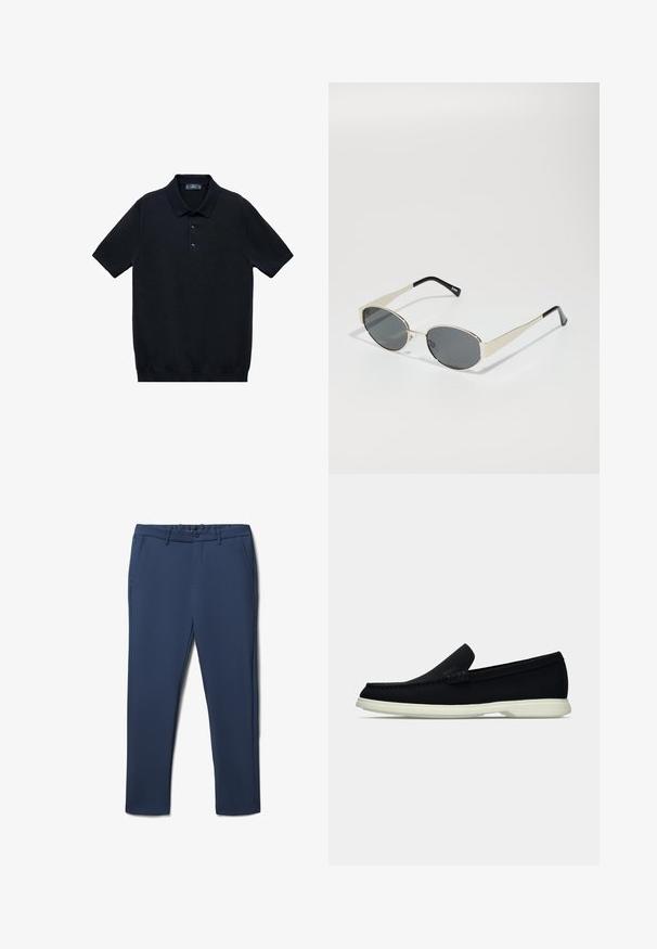 Polo shirt noir à manches courtes fabriqué dans un tissu lisse avec un col classique et une patte de boutonnage à trois boutons ; présente un ourlet droit en bas.; Pantalons bleu marine en tissu lisse, avec une taille standard, une fermeture éclair et des poches latérales. Coupe droite sans motifs visibles.; Chaussure noire à enfiler avec un bout arrondi, dotée d'un dessus texturé, d'une semelle blanche lisse et d'un détail de marque subtil sur le côté.; Lunettes de soleil avec des verres ovales gris, monture en métal argenté et accents noirs sur les branches. Présentent un design épuré et un matériel minimal.