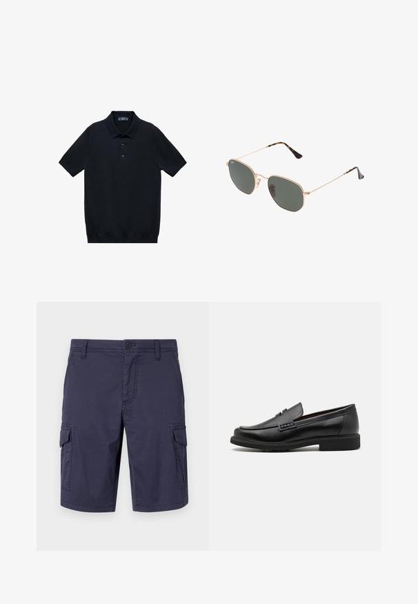 Zwart kortemouwen polo shirt gemaakt van een gladde stof met een klassieke kraag en een drie-knopen boord; heeft een rechte zoom aan de onderkant.; Marineblauwe cargoshorts gemaakt van duurzaam materiaal, met zijzakken, een knoopsluiting en een gestructureerde afwerking.; Zwarte synthetische loafers met een opvallende gestikte voorkant, gevoerde binnenzool en platte rubberen buitenzool; slank ontwerp met minimale details.; Gouden metalen zonnebril met donkergroene lenzen, aviator-stijl, met slanke scharnieren en schildpad-accenten op de uiteinden.