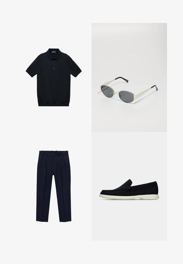 Črna polo majica s kratkimi rokavi, izdelana iz gladkega materiala, z uhano ovratnikom in tri gumbi; ima ravno rob na dnu.; Modre hlače iz gladkega materiala, ki imajo rahlo krojen kroj, sprednje gube, zanke za pas in enojno zapenjanje na gumb.; Črne slip-on čevlje z zaobljenim nosom, ki imajo strukturirano zgornji del, gladek bel podplat in subtilen logotip na strani.; Sončna očala z ovalnimi sivo-lenskimi lečami, srebrnim kovinskim okvirjem in črnimi poudarki na tempeljih. Očala se ponašajo z elegantnim dizajnom in minimalnimi dodatki.