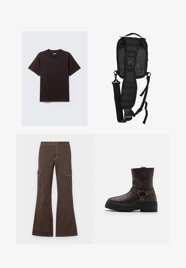 Effen zwart katoen T-shirt met korte mouwen en een ronde hals, voorzien van een klein "WEEKDAY" label aan de binnenkant van de achterste kraag.; Bruine cargobroek met uitlopende pijpen, voorzien van zijzakken, witte stiksels als accent en een metalen knoopsluiting.; Bruine leren enkelboot met een vierkante neus, gespsaccenten en een dikke zwarte zool. Voorzien van een zijrits en een gestructureerd oppervlak.; Zwarte tactische schoudertas met een textuurstof, een verstelbare gepolsterde schouderband, meerdere bevestigingspunten en duurzame hardware. Compact en slank ontwerp.