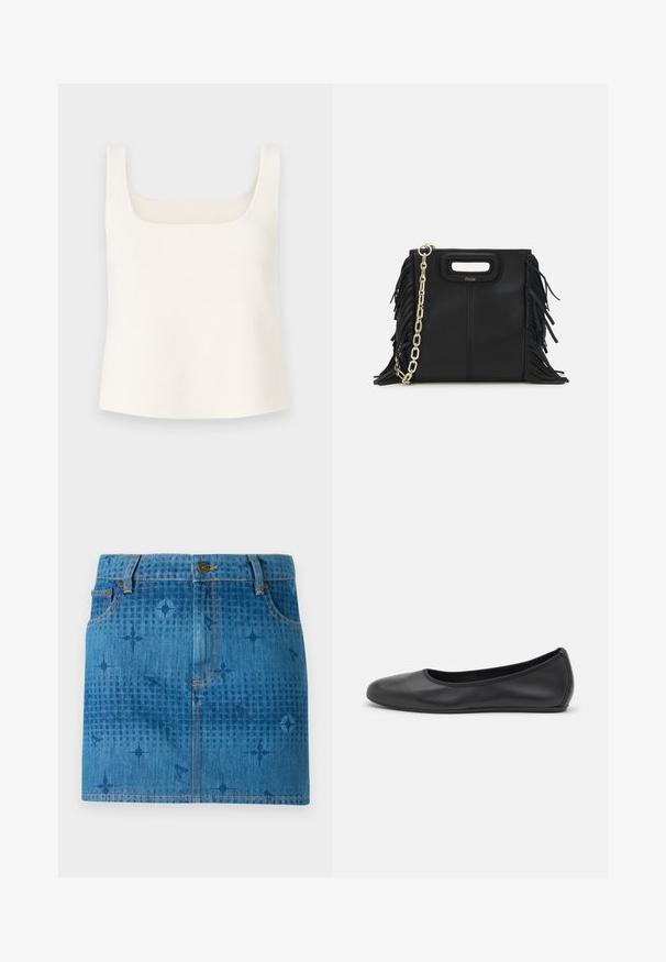 Fehér kötött pántos felső négyzet alakú nyakkivágással, széles vállpántokkal és laza fazonnal, sima felülettel és minta nélkül.; Világoskék farmer mini szoknya, elhalványult textúrával, gombos záródással, övhurkokkal és kis csillagokkal díszített mintázattal.; Fekete bőr balettcipő lekerekített orral, sima tekstúrával, minimális varrással és rugalmas talp kialakítással.; Fekete bőr kézitáska, frufrus részletekkel, arany láncos vállpánttal és kivágott fogantyúval. Az elülső részen logó található.