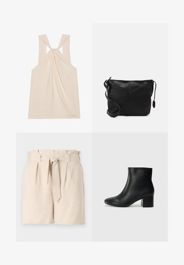 Silebeeg beige särk, millel on keeratud seljaosa kujundus, pehme kangas, laiad rihmad ja A-tähe kujuga voogav siluett.; Bežid hästi istuvad lühikesed püksid, mis on valmistatud kergest kangast, beldiga vöökoht, volditud detailid ja sirge lõige.; Mustad nahast pahkluu saapad terava varbaga ja jämeda kandaga. Sile tekstuur minimaalse aktsentidega ja stiilne, lihvitud disain.; Must värvi nahast ristiõlakott, millel on lame kuju, kuldne metallist detailide aktsent ja reguleeritav rihm. Sile tekstuur väheste õmblusdetailidega.