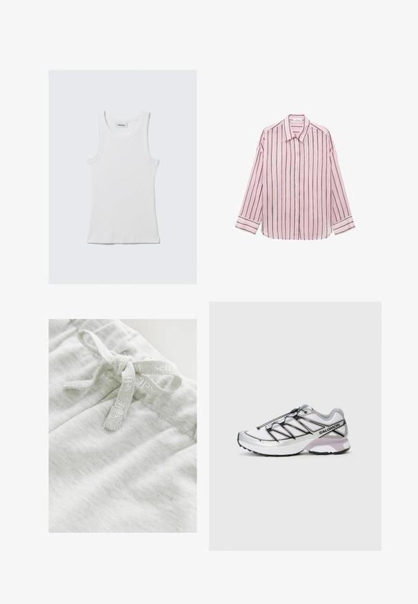 Top in cotone bianco senza maniche, con una texture a coste e scollatura rotonda. Presenta un'etichetta sul collo con la scritta "WEEKDAY".; Camicia a maniche lunghe di un tenue rosa chiaro, con bottoni, strisce verticali nere, colletto classico e maniche con polsini. Tessuto morbido con una trama liscia.; Tessuto grigio chiaro con una consistenza morbida, caratterizzato da un dettaglio a papillon realizzato con un nastro testurizzato coordinato in vita.; Scarpa da corsa con una parte superiore in rete bianca leggera, dettagli argentati e sistema di lacci neri; presenta una suola strutturata per la trazione.
