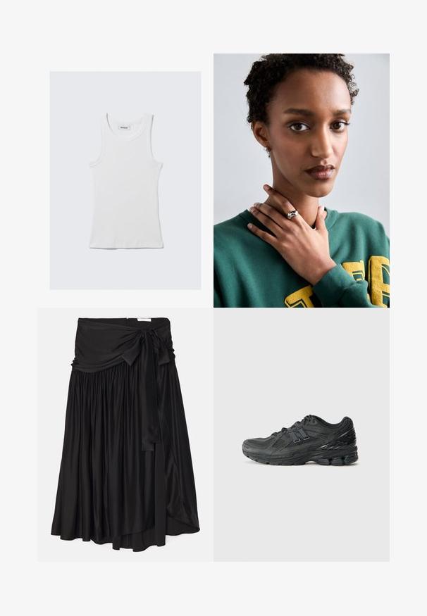 Valge puuvillane top süsteem ribatekstuuriga, ilma varrukateta disain ja ümmargune kaelus. Kaeluses on silt, millel on kiri "WEEKDAY."; Must must, misest valmistatud siledast, voolavast kangast; sellel on lai, rippuv vöökoht, kus on side ja volditud detail, mis annab kohevuse.; Mustad mustijad jooksujalatsid, millel on võrkkangas peal, pehmendatud krae, sünteetilised detailid ja tekstureeritud tallaosas nähtavaid pehmenduselemente.; Hõbedane sõrmus sileda, kaarja disainiga, millel on tähe aktsent. Mudel kannab rohelist sviitrit, millel on kollane tekst, käed kaela lähedal.