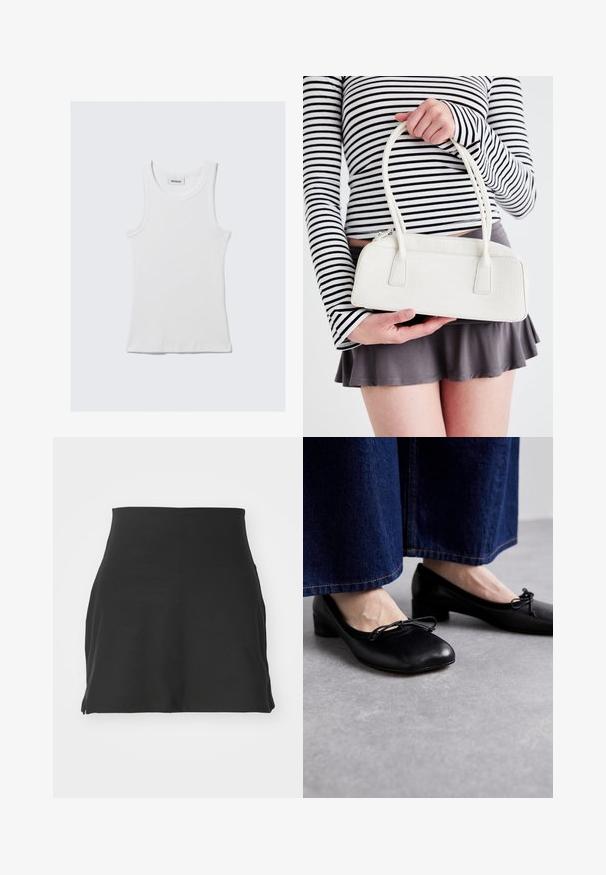 Balta kokvilnas bezpiešu topa ar ribotu struktūru, bez piedurknēm un ar apaļu kakla izgriezumu. Uz kakla ir etiķete ar uzrakstu "WEEKDAY."; Melnā mini svārku izgatavoti no elastīga auduma. Iezīmē gludu tekstūru, pieguļošu dizainu, augstu jostasvietu un sānu slits vieglākai kustībai.; Melnas ādas kurpes ar kvadrātu purngalu un mazu papēdi, papildinātas ar dekoratīvu loku priekšā. Saskaņotas ar tumšiem džinsu biksēm.; Balta krokodila ādas rokassoma ar divām rokturiem, taisnstūra forma un rāvējslēdzēja aizdare. Attēlota uz gaismas fona.