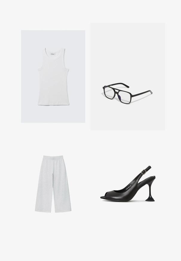 Hvid bomulds tanktop med ribbet tekstur, ærmeløst design og rund halsudskæring. Har et mærke ved halsen med teksten "WEEKDAY."; Lys grå vidtgående bukser lavet af blødt stof med elastisk talje. Designet har en løs pasform for komfort og bevægelsesfrihed.; Sort læder slingback hæl med åben tå, spids form, smal hæl der udvider sig, og en firkantet base. Tekstureret overflade og spænde detaljer.; Sorte rektangulære briller med klare linser og en subtil lilla nuance, der har slanke arme og et minimalistisk design.