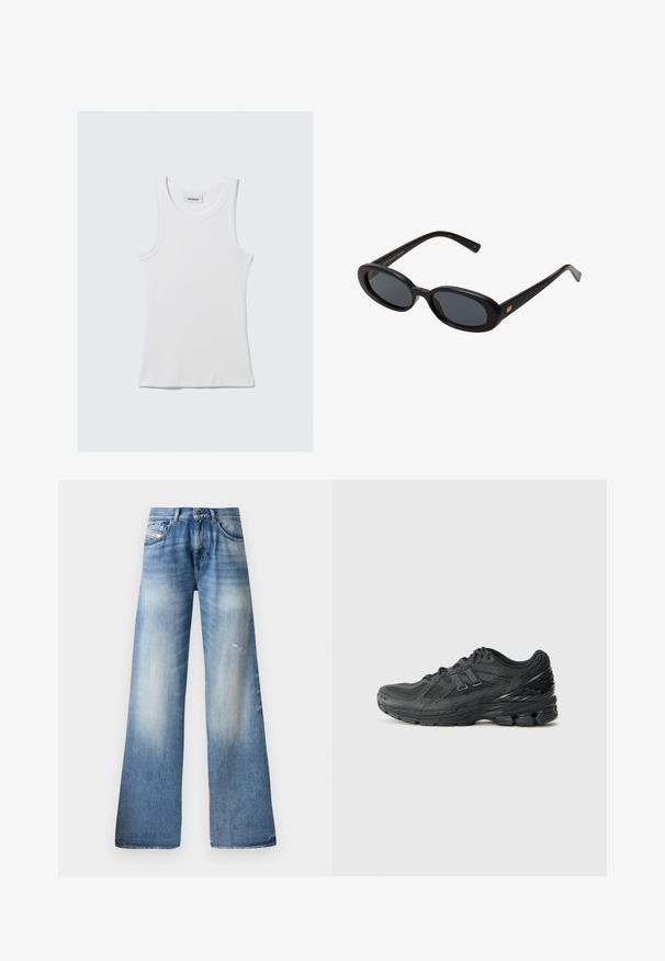Top de algodão branco com um padrão canelado, design sem mangas e decote redondo. Apresenta uma etiqueta no pescoço com a inscrição "WEEKDAY."; Jeans de perna larga azul claro em material de denim, com lavagem desbotada, ligeiras desgastes, design clássico de cinco bolsos e fecho com botão.; Ténis de corrida pretos com parte superior em rede, colarinho acolchoado, pormenores sintéticos e sola texturizada com elementos de amortecimento visíveis.; Óculos de sol pretos oversized com lentes ovais, armação de plástico suave e detalhes em dourado nas hastes. As lentes escuras oferecem proteção solar.