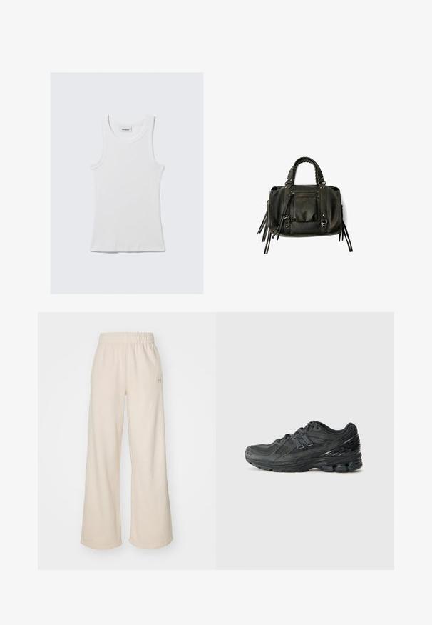 White cotton tank top with a ribbed texture, sleeveless design, and a round neckline. Features a label at the neck reading "WEEKDAY."; Cream-colored wide-leg pants made from soft fabric, featuring an elastic waistband and a small logo detail on the side.; Black running shoes featuring a mesh upper, padded collar, synthetic accents, and a textured sole with visible cushioning elements.; Black leather handbag with braided handles, zipper pocket, and hanging tassels. Textured surface with metal studs and hardware accents.