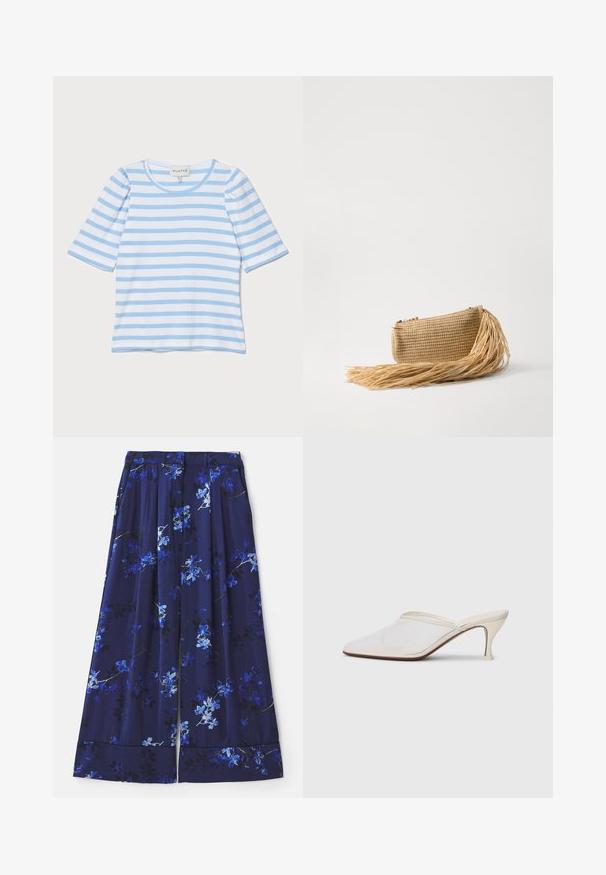 Vaaleansininen raidallinen T-paita, jossa on lyhyet hihat, pyöreä pääntie ja ribbikuvio. Paita esittelee vaihtelevia ohuita valkoisia ja sinisiä raitoja.; Laivatuntemuksen sininen hame, jossa on kukkakirjonta, jossa on sinisiä ja valkoisia kukkia. Kangas on sileä ja siinä on laskokset ja leveä helma.; Valkoinen verkkokangas teräväkärkinen mulu, jossa on ohut keskipituinen korko ja liukupohjainen muotoilu yksinkertaista taustaa vasten.; Cult Gaia VIERA - Pikkulaukku - natural