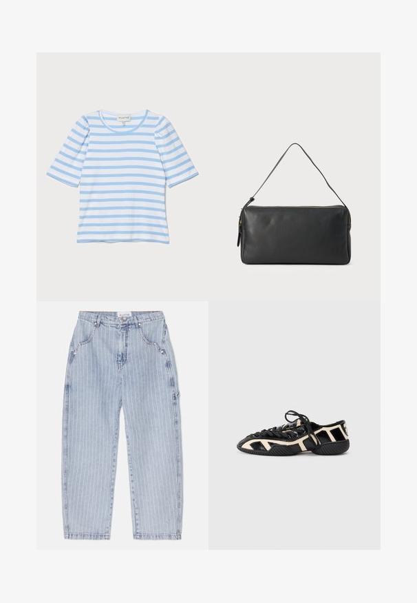 Hele sinine triibuline T-särk lühikeste varrukatega, ümmarguse kaelusega, ribakujulise tekstuuriga, millel vahelduvad õhukesed valged ja sinised triibud.; Heledad sinised teksad, millel on vertikaalsed valged triibud, lõdva istuvuse, keskmise kõrgusega vöökoht ja viie tasku disain. Omab õmblusdetailide rõhutamist.; Mustvalge spordijalanõud tekstuuriga ülemise osaga, millel on lõikelaadimise kujundused, paelad ja sooniline tald haardevõimekuse tagamiseks.; Must mustra nahk käekott, millel on kitsas ristkülikukujuline kuju, lukuga sulgemine ja üks õlavarre rihm. Omab siledat tekstuuri ja minimalistlikku disaini.