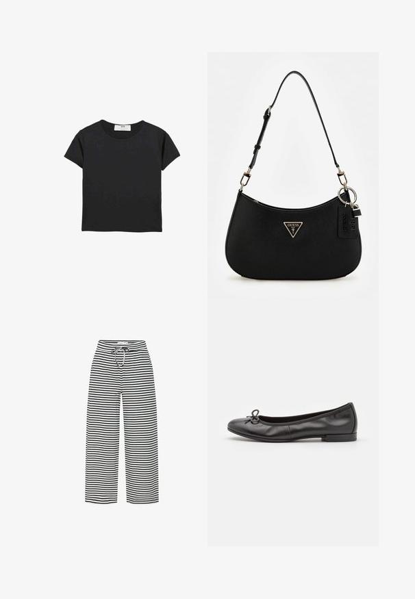 Czarna koszulka z krótkim rękawem, wykonana z miękkiej bawełny, o okrągłym dekolcie i luźnym kroju. Brak widocznych wzorów lub akcentów.; Czarno-białe szerokie spodnie w paski z elastycznym paskiem na sznurku. Materiał wydaje się miękki i lekki, z równomiernie rozmieszczonymi poziomymi paskami.; Czarne skórzane baleriny z zaokrąglonym noskiem, małą kokardką z przodu i niskim prostokątnym obcasem. Gładka faktura.; Czarna syntetyczna torba na ramię o zaokrąglonym kształcie, z teksturowanym wykończeniem, złotym logo w kształcie trójkąta i odczepianymi akcentami ze sprzętu.
