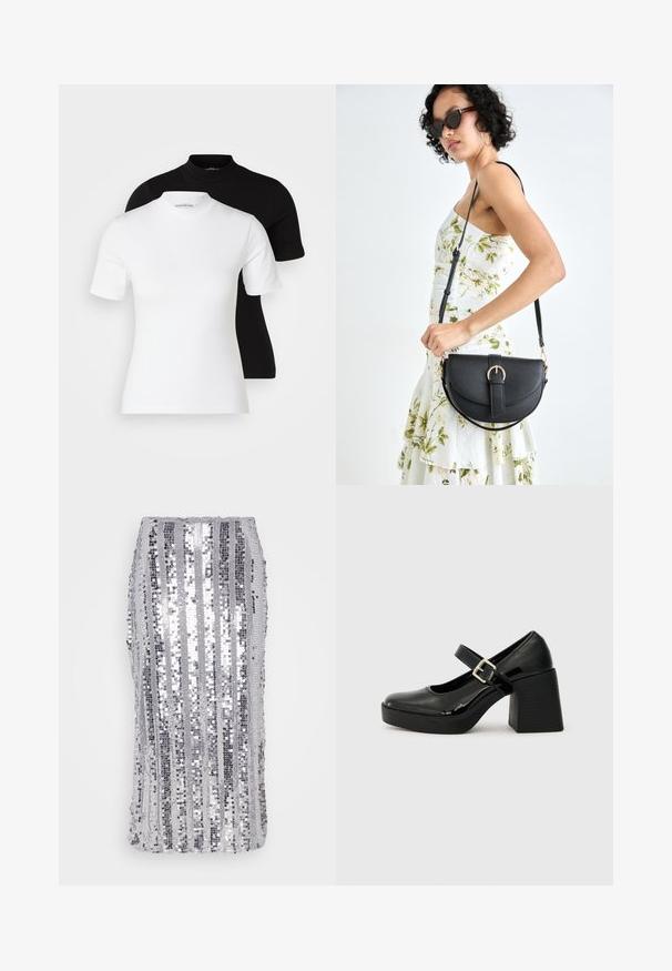 Even&Odd Petite 2 PACK - T-shirt básica - white/black; Saias de lantejoulas prateadas com riscas verticais de tamanhos variados, textura suave e forma ajustada. Lavável à máquina com um design de vestir.; Sapatos de salto Mary Jane em couro sintético preto com bico redondo, salto bloco largo, tira ajustável com fivela e sola texturizada.; Bolsa de couro preta com forma curva, alça destacável e detalhes em dourado. A bolsa possui uma aba com detalhe de fivela.