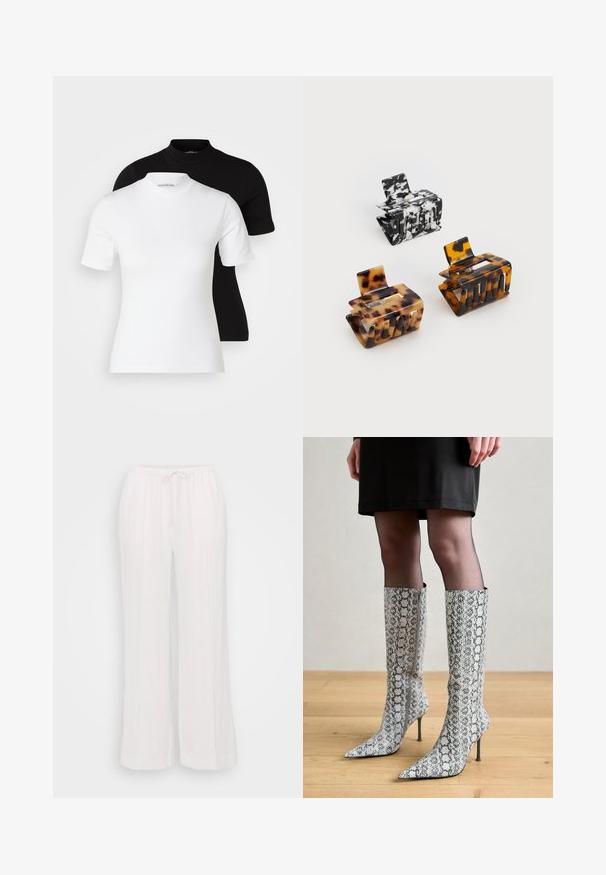 Even&Odd Petite 2 PACK - Tricou basic - white/black; Pantaloni albi cu crăci largi dintr-un material ușor, având un elastic la talie cu șnur și cusături verticale pentru textură.; Cizme cu vârf ascuțit, până la genunchi, cu imprimeu de șarpe, având un model texturat în tonuri de gri și alb, toc stiletto și fermoar pe lateral.; Trei agrafe de păr: una cu un model marmorat alb-negru, două tortoiseshell în nuanțe de maro și negru, toate realizate din plastic lucios cu un finisaj texturat.