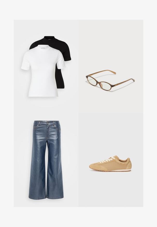 Even&Odd Petite 2 PACK - T-shirt basique - white/black; Pantalons en denim à jambes larges de couleur bleu foncé, présentant une texture lisse, un design à cinq poches et des coutures contrastées. Fermeture par bouton et zip à l'avant.; Baskets marron clair en suède et tissu, dotées d'un bout arrondi, de lacets blancs et d'une semelle en caoutchouc à finition texturée.; Lunettes en écaille de tortue marron avec des verres ovales, des branches fines et des accents transparents. Présente un logo subtil sur la branche. Design élégant et léger.; ONLY ONLFLORENCE CROSSBODY BAG - Sac bandoulière - blue denim/gold