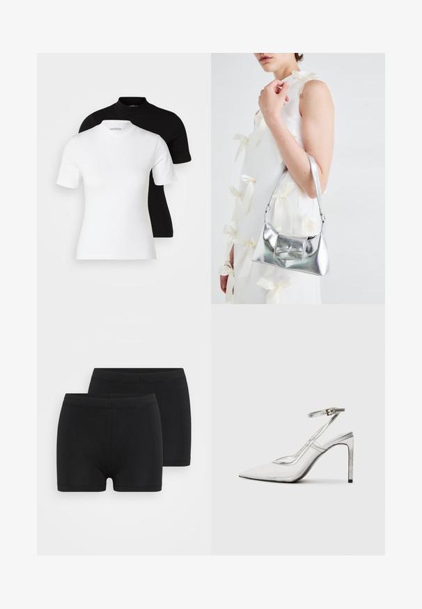 Even&Odd Petite 2 PACK - Navadna majica - white/black; Črne bombažne kratke hlače z elastičnim pasom, z gladko teksturo in preprostim, poenostavljenim dizajnom. Paket vsebuje dva para.; Prozoren špikasti petni čevelj s koničastim nosom, iz prozornega materiala, s kovinskimi srebrnimi dodatki in nastavljivim trakom za gleženj.; Srebrna metalna torbica z oblikovano strukturo, ki ima zgornji ročaj in detajl v obliki mašne spredaj. Gladka tekstura, z odsevnimi površinami.