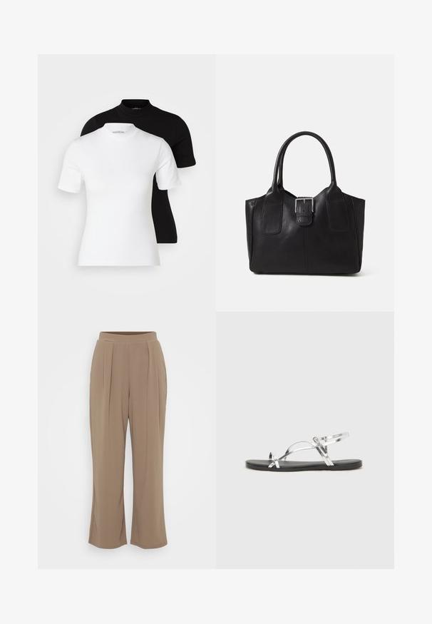 Even&Odd Petite 2 PACK - T-shirt basic - white/black; Bruine, wijde pantalons gemaakt van zachte stof met voorplooien en een elastische tailleband voor comfort. Strak, minimalistisch ontwerp.; Zilveren metallic sandalen met een minimalistisch ontwerp, met dunne banden en een zwarte platte zool. Kenmerken zijn de kruisbandsaccenten.; Zwarte leren tote bag met een gladde textuur, gestructureerde vorm, twee handvatten en een opvallend zilveren sluitingdetail aan de voorkant.