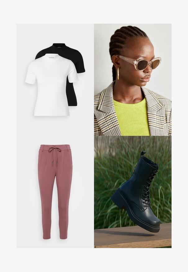 Even&Odd Petite 2 PACK - Tricou basic - white/black; Pantaloni de culoare roz, cu o talie cu șnur, picioare conice și pliuri frontale. Realizați dintr-un material moale și elastic.; Boots de piele negre, până la gleznă, cu vârf rotund, sistem de șireturi în față și toc gros, masiv. Au cusături detaliate și o textură netedă a suprafeței.; Ochelari de soare stil cat-eye, cu lentile maro și rame transparente. Model purtând un top verde cu textură ribbed și un sacou în carouri. Cercei rotunzi din aur.