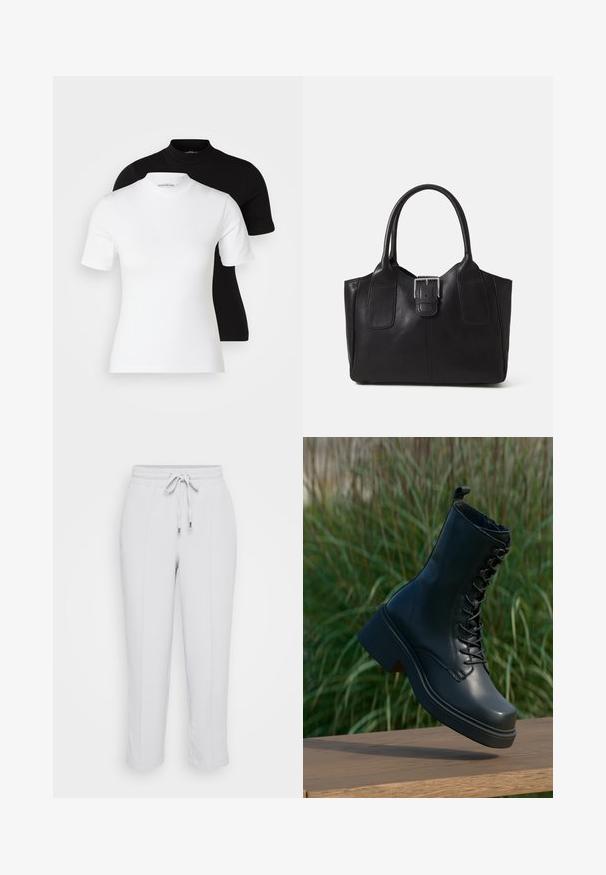 Even&Odd Petite 2 PACK - Basic T-shirt - white/black; Light gray elastic waist pants with adjustable drawstring, featuring two side pockets and a tapered leg design. Smooth fabric texture.; Black leather ankle boots with a round toe, lace-up front, and thick, chunky heel. Features detailed stitching and a smooth surface texture.; Black leather tote bag with smooth texture, structured shape, two handles, and a prominent silver buckle detail on the front.