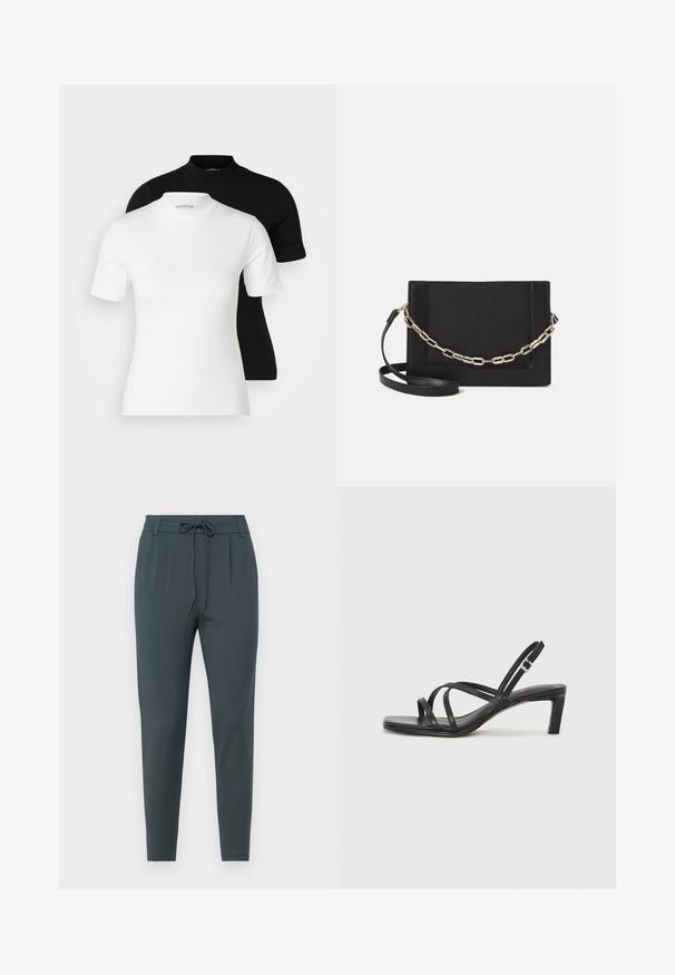 Even&Odd Petite 2 PACK - Basic T-shirt - white/black; Dark green tapered pants made from a smooth fabric, featuring a drawstring waistband and two front pleats for added design detail.; Black strappy sandal with a square toe and a low block heel. Features multiple thin straps and an adjustable ankle strap. Made of smooth leather.; Black leather crossbody bag featuring a smooth texture, rectangular shape, and a metallic chain detail on the front. Adjustable strap included.