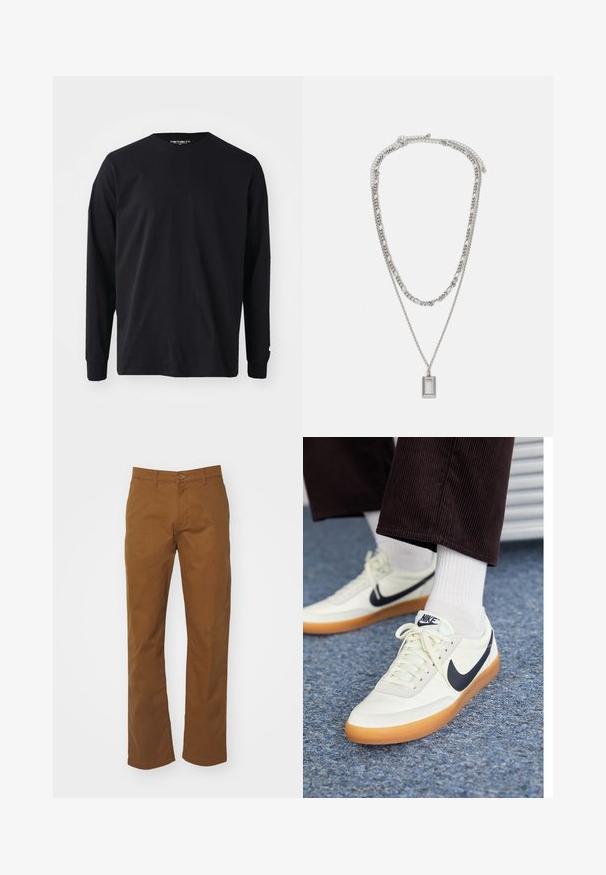 T-shirt a maniche lunghe nera in cotone, con scollatura rotonda e taglio dritto, decorato con un piccolo logo sulla manica.; Chino in cotone marrone con taglio dritto. Caratterizzato da una chiusura a bottone e zip, passanti per la cintura e due tasche laterali. Texture liscia e dettagli minimi.; Sneakers Nike in pelle bianca con swoosh blu navy, dotate di suola in gomma e lacci bianchi, abbinate a calzini bianchi a mezze gambe e pantaloni di velluto a coste scuri.; Collana d'argento con due catene sovrapposte; presenta un pendente rettangolare con una superficie liscia, che mette in risalto una finitura metallica lucida.