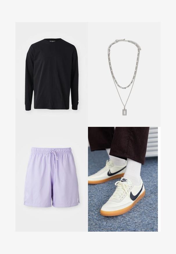 Melna garām piedurknēm t-krekls, izgatavots no kokvilnas, ar apaļu dekoltē un taisnu griezumu, ar nelielu logo detaļu uz piedurknes.; Ceriņu krāsas peldbikses, izgatavotas no viegla auduma, ar elastīgu jostu un auklu, sānu atverēm un nelielu logo akcentu.; Baltās ādas Nike sporta apavi ar tumši zilu swoosh, ar gumijas zoli un baltiem šņorēm, kombinēti ar baltām sporta zeķēm un tumšām korduroja biksēm.; Sudraba kaklarota ar divām slāņainām ķēdēm; satur taisnstūra piekariņu ar gludu virsmu, kas izceļas ar spīdīgu metāla apdari.