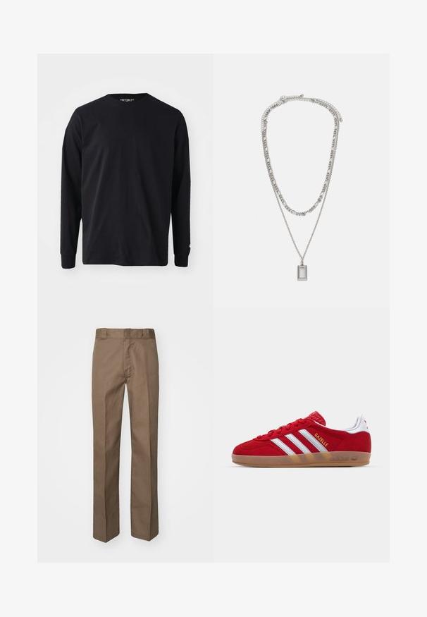 Cămașă neagră cu manșete lungi, din bumbac, cu guler rotund și croială dreaptă, având un mic detaliu cu logo pe manșetă.; Pantaloni maro cu un design la fațadă netedă, picioare drepte și un talie clasică. Fabricati dintr-un material durabil, fără modele vizibile sau embellishements.; Sneaker roșu din suede cu un design alb cu trei dungi și text auriu "Gazelle". Dispune de o talpă din cauciuc și un toc texturat.; Colier argintiu cu două lanțuri suprapuse; prezintă un pandantiv dreptunghiular cu o suprafață netedă, evidențiind un finisaj din metal polisat.