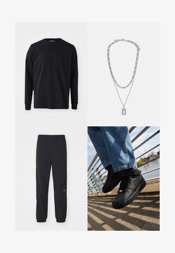 Mustapaita, jossa on pitkät hihat, valmistettu puuvillasta. Paita on pyöreäkauluksinen ja suoralinjainen, ja hihassa on pieni logo.; Mustat juoksuhousut kevyestä kankaasta, jossa on joustava vyötärö, kapenevat hihnat ja pieni logo vasemman jalan kohdalla.; Mustat Nike Air Force 1 -kengät, joissa on nahkapäällinen, verkko kieli ja kumipohja. Kengissä on korkeakuppinen muotoilu ja paksut nauhat.; Hopeaketju, joka koostuu kahdesta kerroksesta; siinä on suorakulmainen riipus, jossa on sileä pinta ja kiiltävä metallipinta.