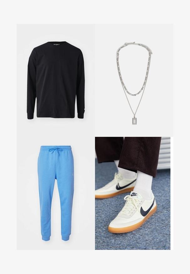 Black long-sleeve t-shirt made of cotton, featuring a round neckline and straight cut, with a small logo detail on the sleeve.; Light blue sweatpants in a soft, cotton blend. Features an elastic waistband with drawstring and cuffed ankles. Embroidered logo on side.; Nike sneakers in white leather with a navy swoosh, featuring a gum rubber sole and white laces, paired with white crew socks and dark corduroy pants.; Silver necklace with two layered chains; features a rectangular pendant with a smooth surface, showcasing a polished metal finish.