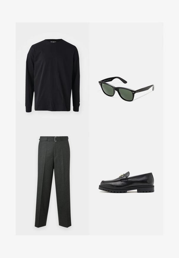 Juoda ilgaa rankovė t-shirt pagaminta iš medvilnės, su apvaliu kaklu ir tiesiu kirpimu, su mažo logotipo detale ant rankovės.; Tamsiai pilki pritaikyti kelnių su lygiu priekiniu kraštu, raukšlėtu dizainu ir prigludusia diržu su sidabriniu sagtimi. Sklandus paviršius ir tiesios kojos.; Juodi odiniai loaferiai su lygia apdaila, apvaliu toe, dekoratyvine juosta su auksiniu furnitūru ir tvirtu juodu padu.; Juodi plastikiniai saulės akiniai su žaliais objektyvais, kvadratiniais rėmeliais, sidabriniu akcentu ant antakio ir tekstūruotais šventyklų šakutėmis. Vidinėje šakutėje nurodyta prekės ženklo pavadinimas.