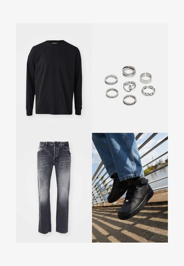 Črna majica z dolgimi rokavi iz bombaža, z okroglim izrezom in ravnim krojem, z majhnim logotipom na rokavu.; Črne denim hlače ravnega kroja, z rahlimi praskanji, petimi žepi in gumbom za zapenjanje, na beli podlagi.; Črne Nike Air Force 1 teniske z usnjenim zgornjim delom, mrežastim jezikom in gumijastim podplatom, s posebno visoko zasnovo in debelimi vezalkami.; Set sedmih srebrnih prstanov z različnimi oblikami, vključno s prepletenimi, povezanimi in graviranimi motivi. Različne oblike in širine.