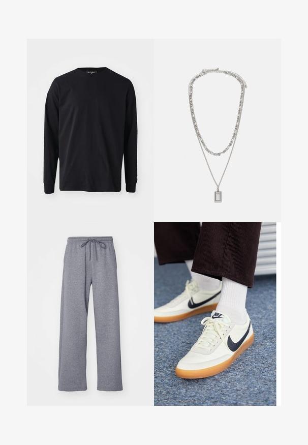 Juoda ilgaa rankovė t-shirt pagaminta iš medvilnės, su apvaliu kaklu ir tiesiu kirpimu, su mažo logotipo detale ant rankovės.; Pilkos, plačios kelnės su elastingu juosmeniu. Pagamintos iš minkštos, tekstūruotos medžiagos, jos turi laisvą siluetą ir tiesias kojas.; Nike sportbačiai iš baltos odos su tamsiai mėlynu ženkleliu, turintys guminį kreidos pado ir baltus raiščius, derinami su baltomis kojinėmis iki blauzdų ir tamsiomis aksominėmis kelnėmis.; Sidabrinė apyrankė su dviem sluoksniais grandinėmis; ji turi stačiakampį pakabuką su lygia danga, rodantį blizgų metalinį paviršių.
