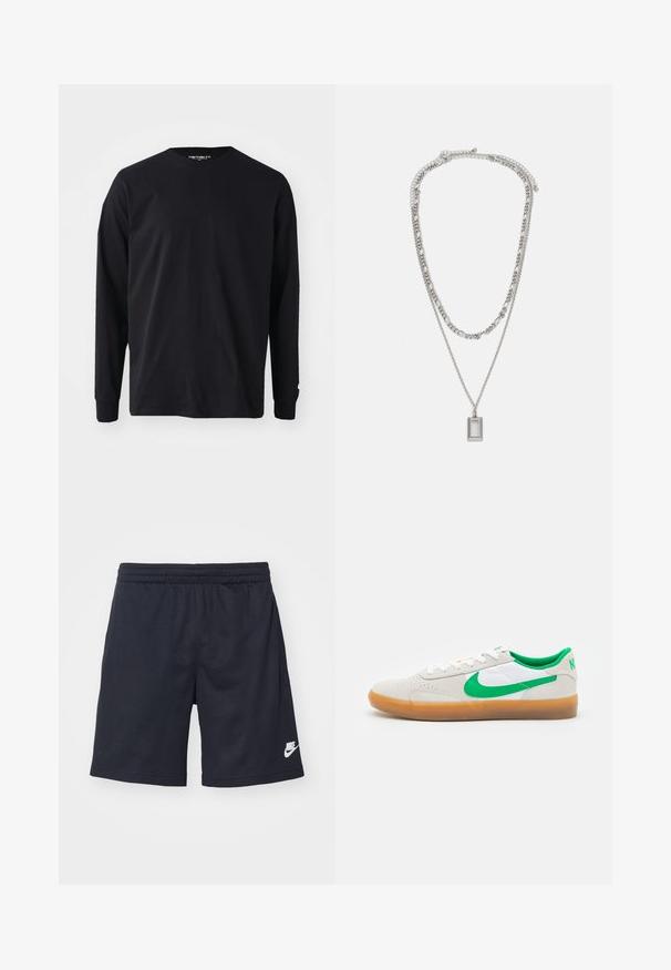 Svart långärmad t-shirt i bomull, med rund halsringning och rak passform, med en liten logotypdetalj på ärmen.; Svarta idrottsshorts i meshmaterial. Har en elastisk midja och sidoficka; visar en vit Nike-logotyp i fållen.; Nike SB HERITAGE VULC UNISEX - Sneakers - summit white/lucky green/white/light brown; Silverhalsband med två lager av kedjor; har en rektangulär hängande med en slät yta som visar en polerad metallfinish.