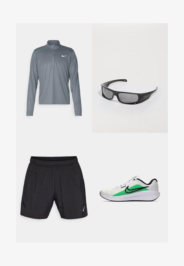 Hallika pika varrukaga Nike'i spordipaita, millel on veerand-zipp krae. Valmistatud sileda ja kerge kangaga, millel on rindkeres väike valge logo.; Mustad mustad lühikesed püksid, mis on valmistatud kergetest materjalidest, millel on elastne vöökoht ja väike logo vasakul all nurgas.; Valge spordijalats, millel on roheline aktsent, must logo, võrkmaterjalist pealisosa, pehmendusega tallad ja ümar kannaosa. Omab paelu ja kontrastset detaili.; Mustad mustad Oakley päikeseprillid tumedate ristkülikuliste läätsedega ja kaarjate kätega valgel taustal.