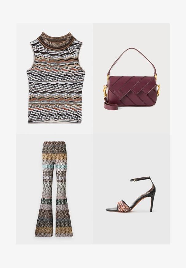 Mouwloos topje met een hoge hals, voorzien van een golvend patroon in aardetinten van bruin, wit en zwart, gemaakt van een zachte, gestructureerde breistof.; Gebreide wijde broek met meerkleurige horizontale strepen in aardetinten, waaronder mosterd, teal, bruin, zwart, roze en grijs.; Zwarte hak sandaal met een enkelbandje. Kenmerkt zich door een textuur, multicolor stoffen band over de tenen. Gladde leren afwerking.; Bordeauxrode leren crossbodytas met een geweven patroon, gouden hardware accenten, verstelbare riem en flapsluiting.