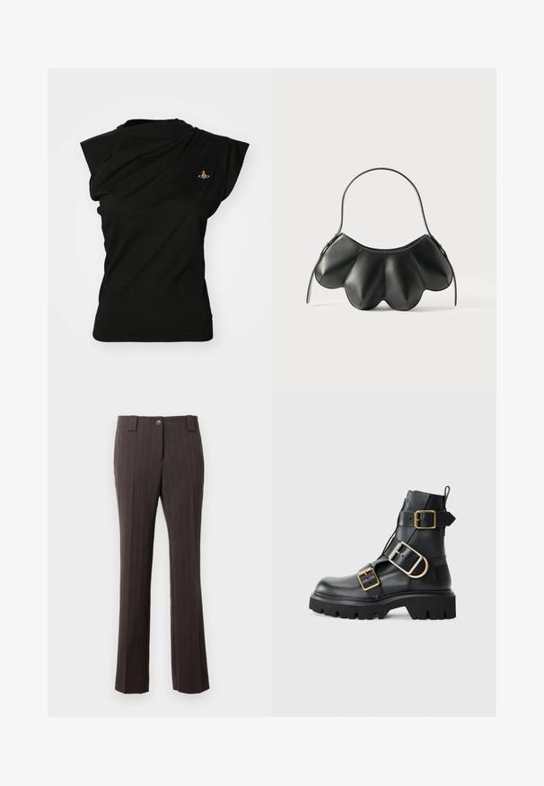 Vivienne Westwood HEBO - T-paita - black; Ruskeat raidoitetut housut, joissa on kiinteä muotoilu, edessä nappikiinnitys ja suora lahje. Silkkinen kangastuntuma.; Musta nahkasaapas nilkkapituudella, jossa on tukeva pohja, useita hihnoja ja kultaisia varusteita. Liukas pinta, kestävä muotoilu.; Musta nahkakäsilaukku, jossa on kaareva kuoremaisen muotoilu, yhden hihnan ja vetoketjusuljin. Sileä pinta, jossa on ommeltuja yksityiskohtia.