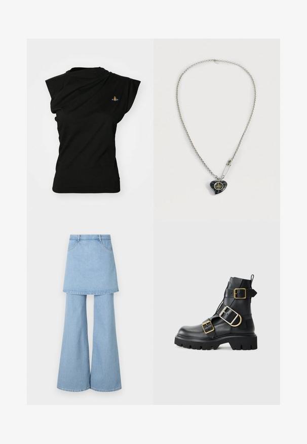 Vivienne Westwood HEBO - T-paita - black; Sekohr-hybrid, joka on valmistettu vaaleansinisestä kankaasta, jossa on levenevät lahkeet ja näkyviä ompeluyksityiskohtia. Suunniteltu etutaskuilla ja vyötärönauhalla.; Musta nahkasaapas nilkkapituudella, jossa on tukeva pohja, useita hihnoja ja kultaisia varusteita. Liukas pinta, kestävä muotoilu.; Harmaa ketjukaulakoru, jossa on sydämenmuotoinen musta riipus, jossa kullatut yksityiskohdat, ja kiiltävä hakaneula kiinnitettynä lähelle riipusta.