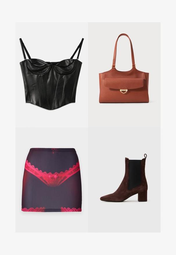Top de corsé de cuero sintético negro con copas acolchadas, costuras detalladas, tirantes ajustables y costuras estructuradas para una silueta ajustada.; Minifalda de tela negra que presenta un borde de encaje rojo en la parte superior y en el dobladillo, con una impresión gráfica de ropa interior de encaje rojo en la parte frontal.; Bota de tobillo de ante marrón oscuro con tacón cuadrado, panel lateral elástico negro y tirador en la parte trasera sobre un fondo claro.; Bolso tote de cuero marrón con asas largas, bolsillo con tapa en la parte frontal y cierre en forma de corazón dorado grabado con "Love Moschino".